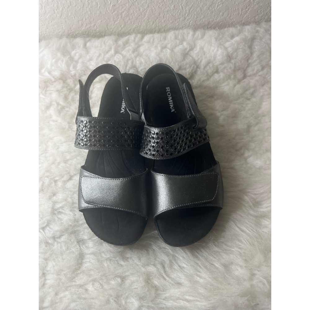 Romika Fedschi 49 Pewter Leather Studded Straps Slingback Sandals Size 40/9.5